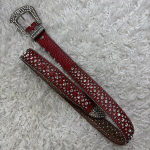 Studded Womens Cowgirl Adjustable Red Faux Leather Rhinestone Waistband Belt 44"